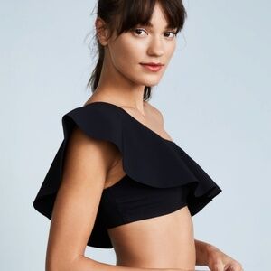 Karla Colletto - NWT Black "Zaha" One Shoulder Ruffle Bikini Top/Bottom, Size 14